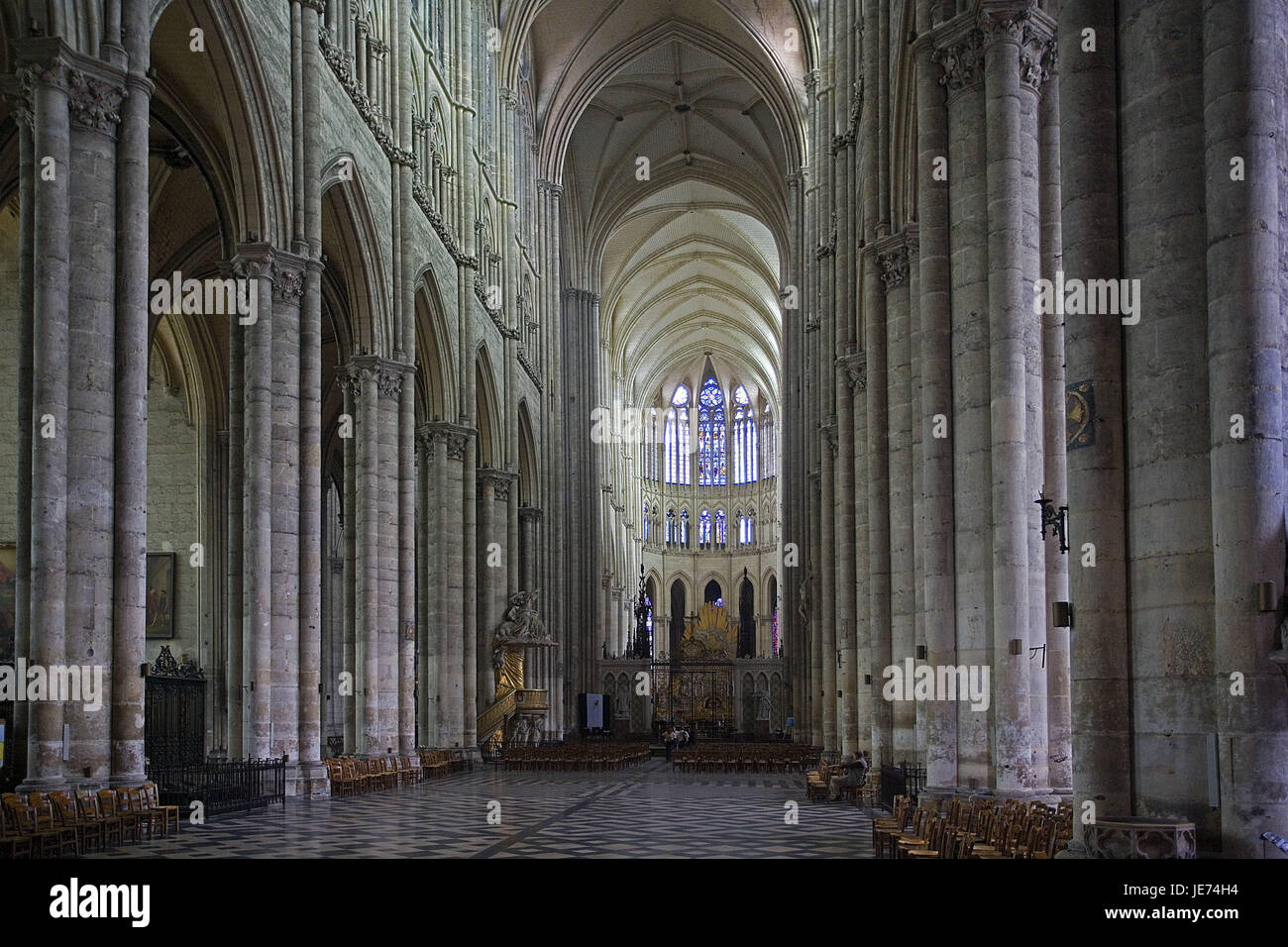 France, Picardy, Amiens, cathedral Notre lady, in 1220-1288, interior view, Northern France, basilica, church, structure, architecture, spike curves, pillars, central nave, chairs, seat opportunities, chancel, place of interest, landmark, UNESCO-world cultural heritage, icon, faith, religion, Christianity, spirituality, Stock Photo