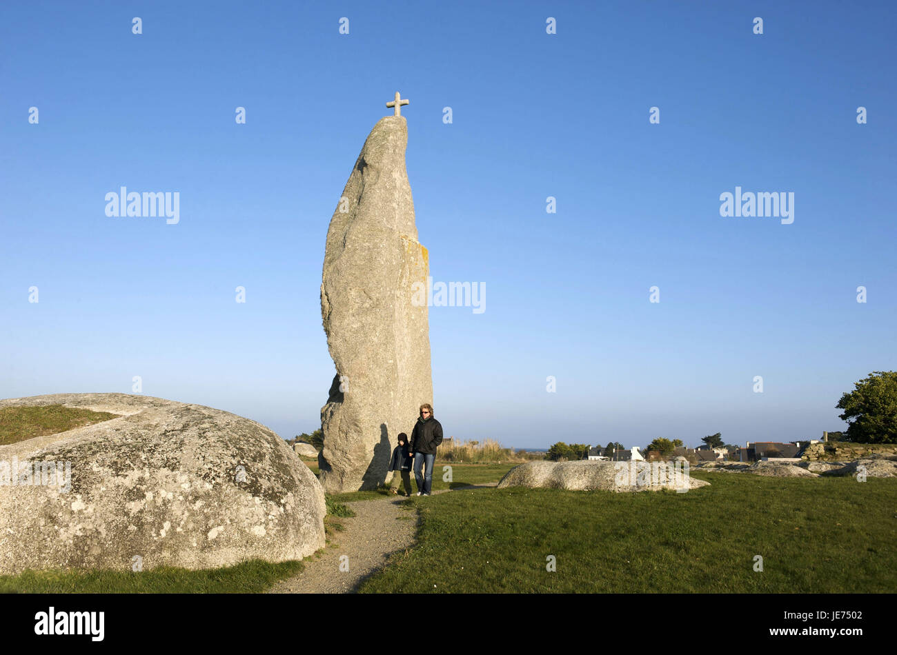 Europe, France, Brittany, Finistere, beach of Brignogan, menhir de Men Marz, Stock Photo