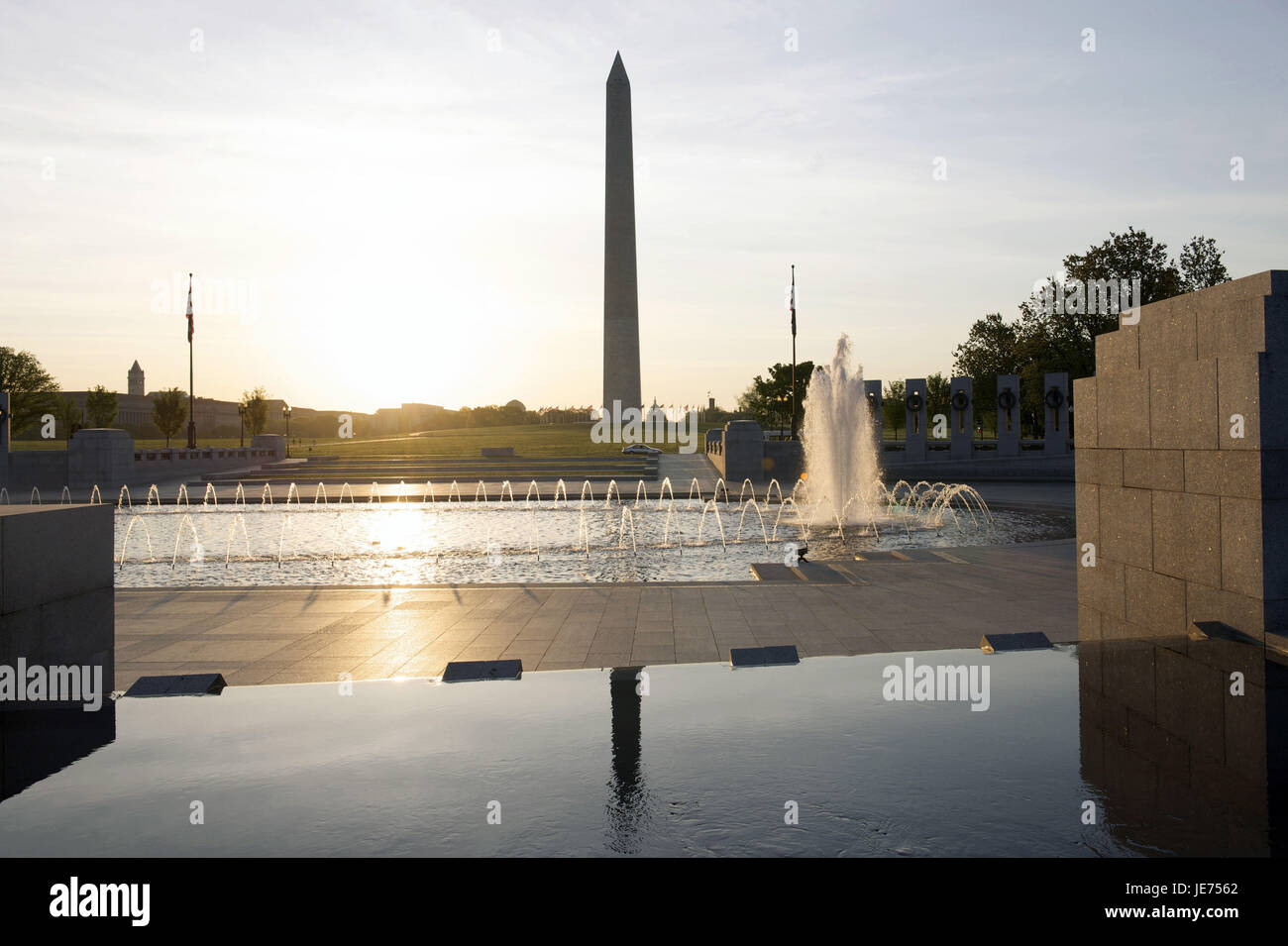 The USA, America, Washington D.C., Nationwide Worldwar II Memorial, Washington monument in the background, Stock Photo