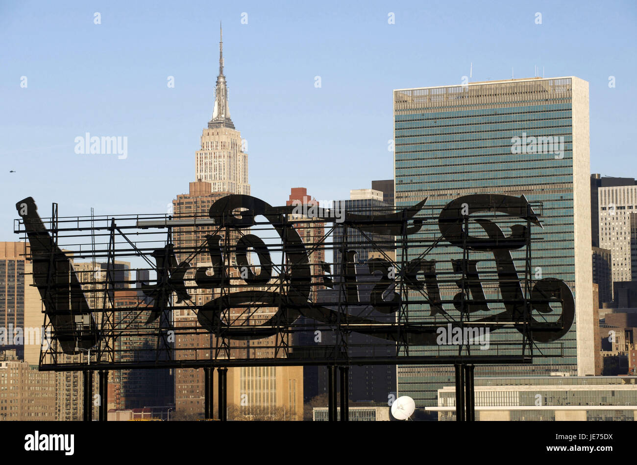 The USA, America, New York, Manhattan with empire State Building, advertisement character font in the foreground, Stock Photo