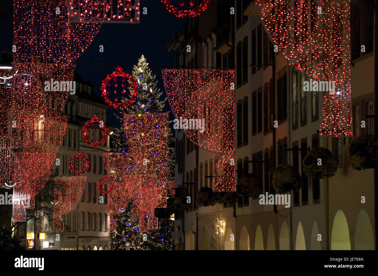 Europe, France, Alsace, Strasbourg, Christmas decoration in the Rue of the Grandes Arcades, Stock Photo
