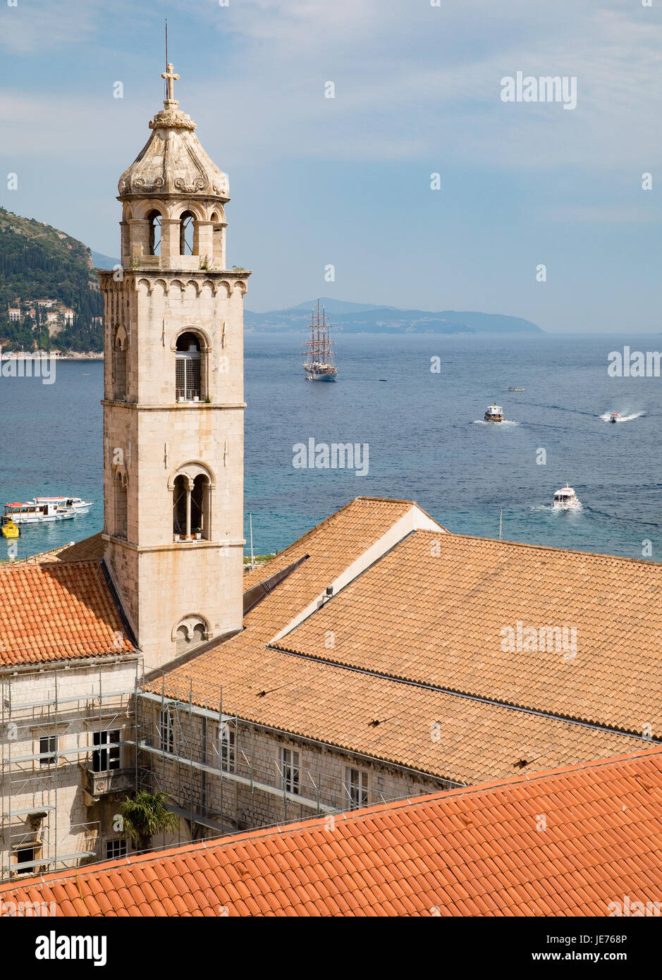 Bell tower of the Dominican monastery and museum overlooking the medieval city of Dubrovnik in Croatia Stock Photo