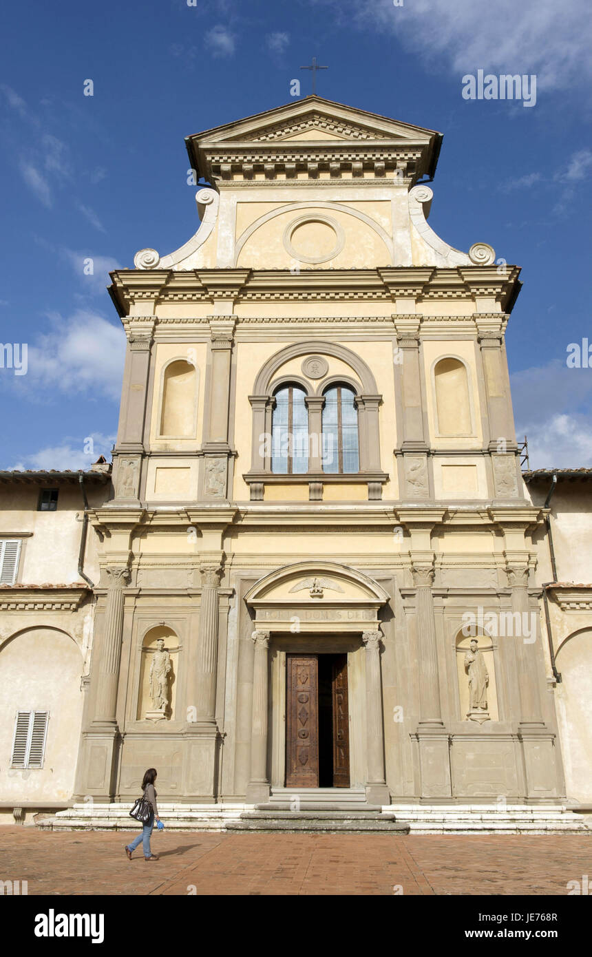 Italy, Tuscany, Florence, Kartause of Galluzzo, inner courtyard, woman before Gothic church, Stock Photo