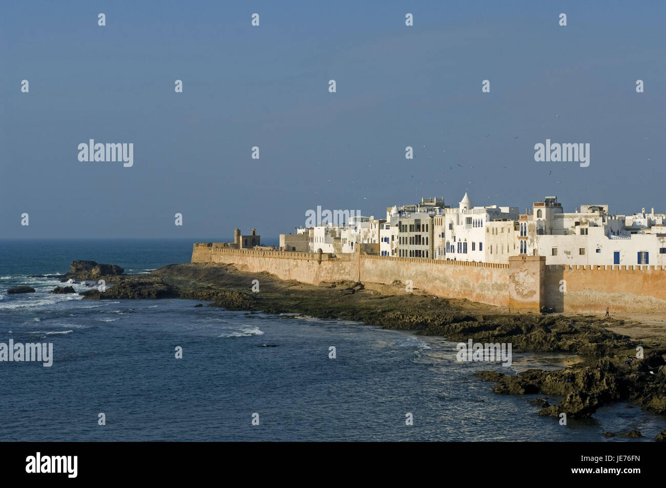 Morocco, Essaouira, town view, Medina, Africa, town, port, fishing town, tourism, destination, place of interest, city wall, defensive wall, houses, residential houses, architecture, Old Town, historically, UNESCO-world cultural heritage, sea, sky, copy space, Stock Photo