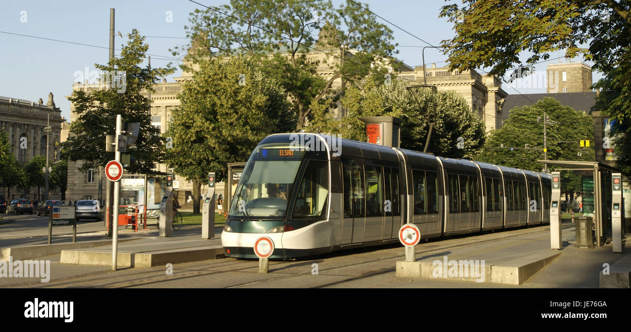 France, Alsace, Strasbourg, tram, Europe, destination, town, means of transportation, publicly, trajectory, rail transport, short-distance traffic, stop, railway station, outside, deserted, Stock Photo