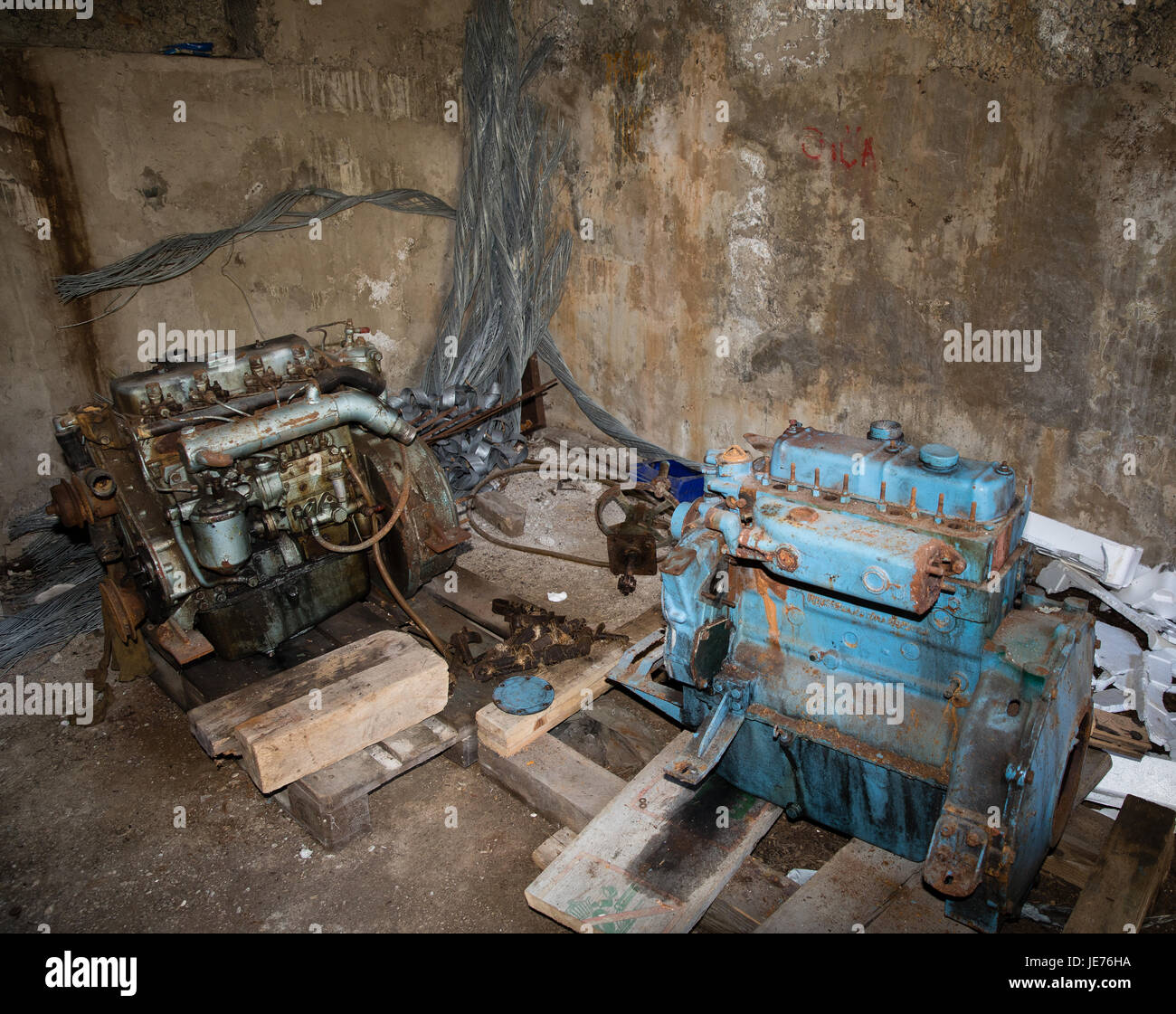 Generators left behind in tunnels on the island of Mljet built to  defend Adriatic sea lanes by Jugoslav National Army around 1969 Stock Photo