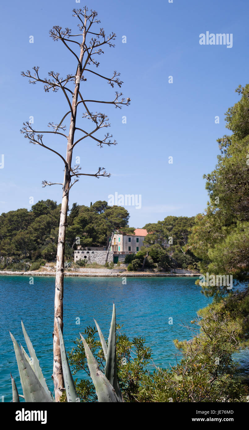 The villa at Njivice by the  blue waters of Veliko Jezero the larger of two inland sea lakes on the island of Mljet on the Dalmatian coast of Croatia Stock Photo