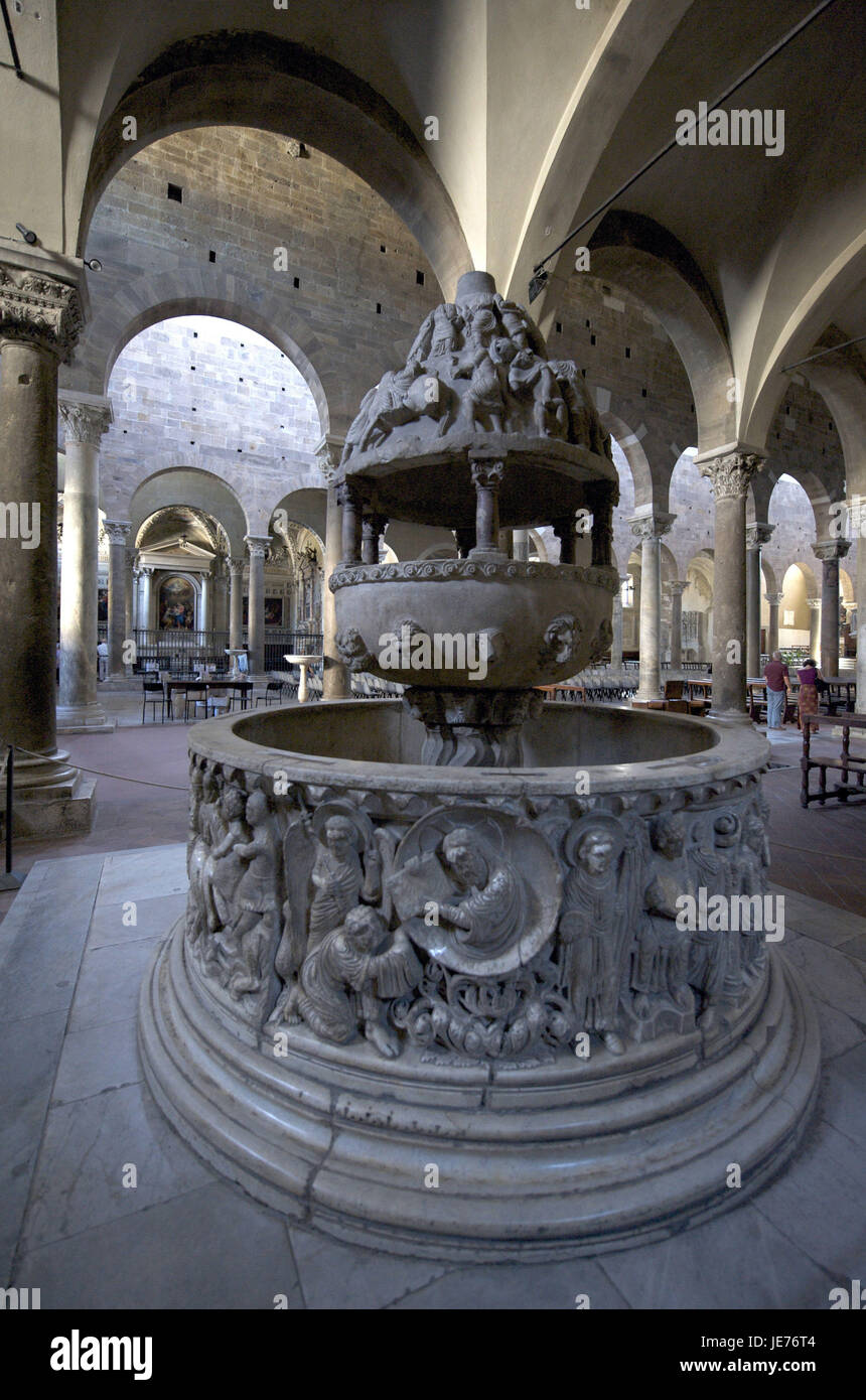 Italy, Tuscany, Lucca, church San Frediano, baptismal wells in the baptistry, Stock Photo