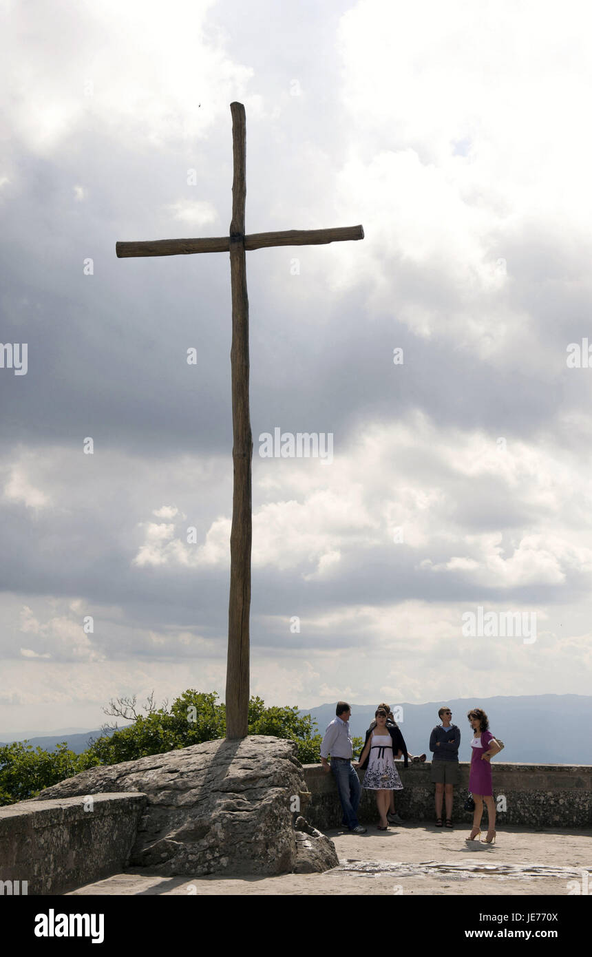 Italy, Tuscany, Casentino, cloister of La Verna, people on a wooden cross, Stock Photo
