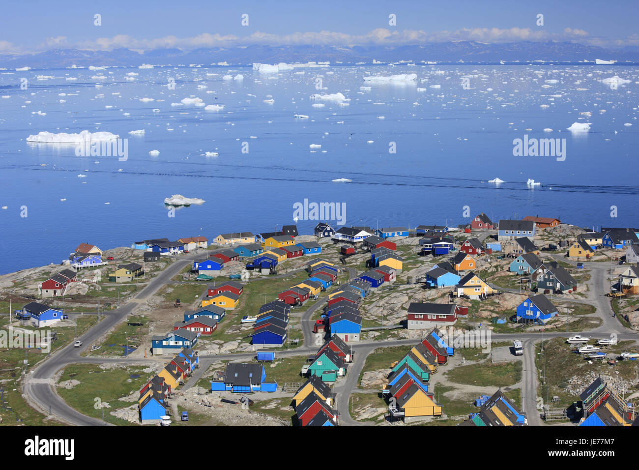 Greenland, Disco Bay, Ilulissat, town overview, timber houses, fjord, floes, view, Western Greenland, outside, water, sea, the Arctic, coast, town, residential houses, architecture, timber houses, brightly, deserted, E sharp, icebergs, drift ice, climate change, Stock Photo