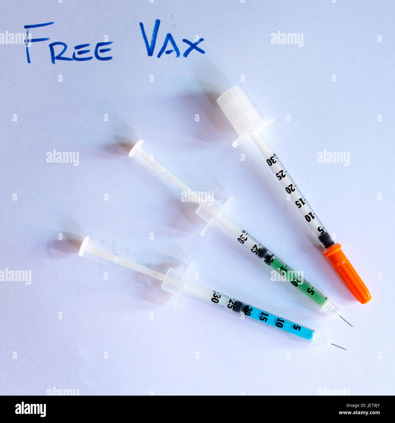 many vaccine's syringe, details and close up, debate of obligation and freedom of choice Stock Photo