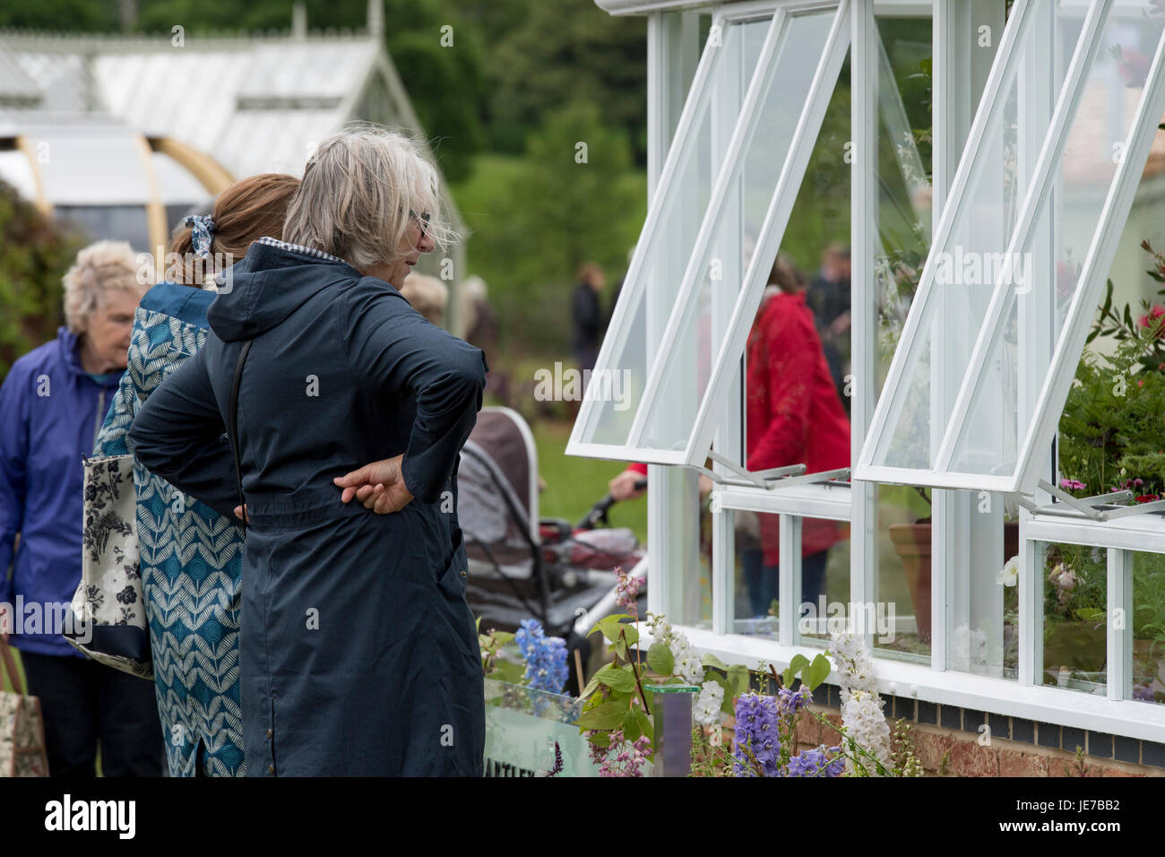 Ladies closely inspect greenhouse on display at Hartley Botanic trade stand - RHS Chatsworth Flower Show, Chatsworth House, Derbyshire, England, UK. Stock Photo