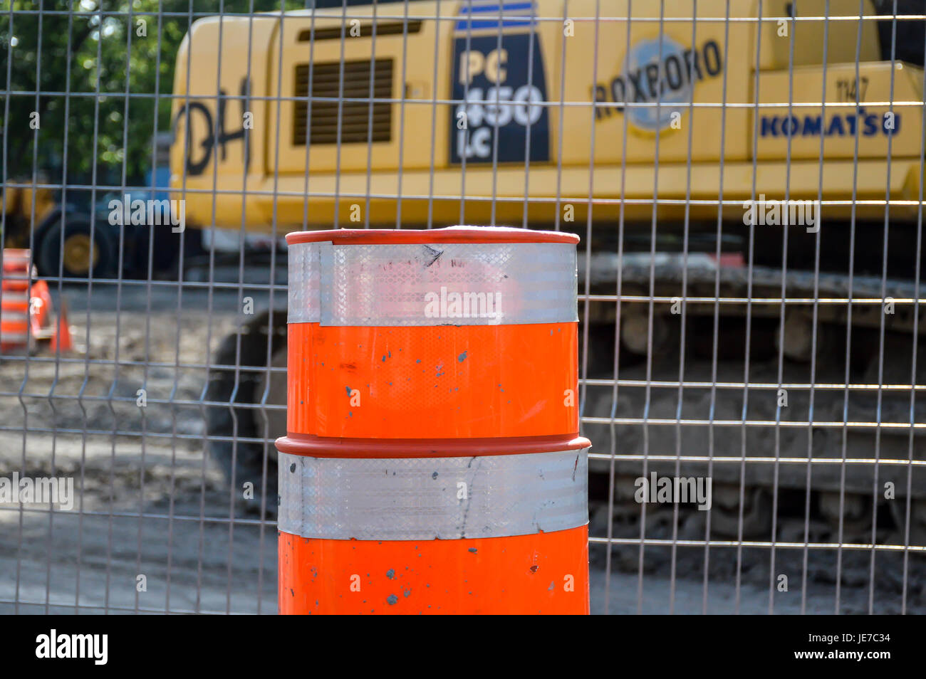 Montreal, Canada June 18, 2017 Traffic cone on construction road in