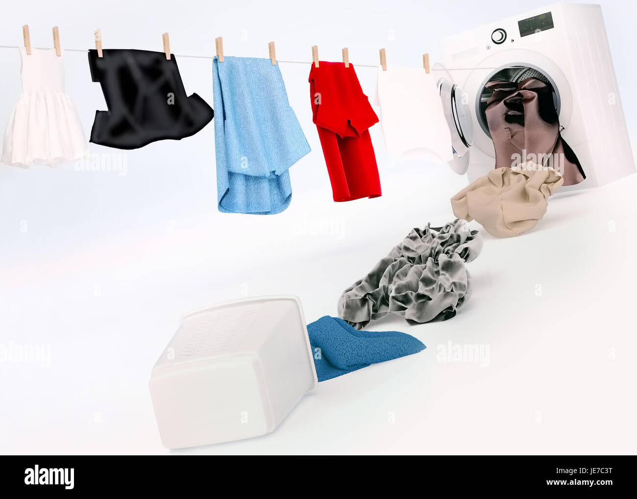 Clean clothing hanging on a rope coming out of the washing machine