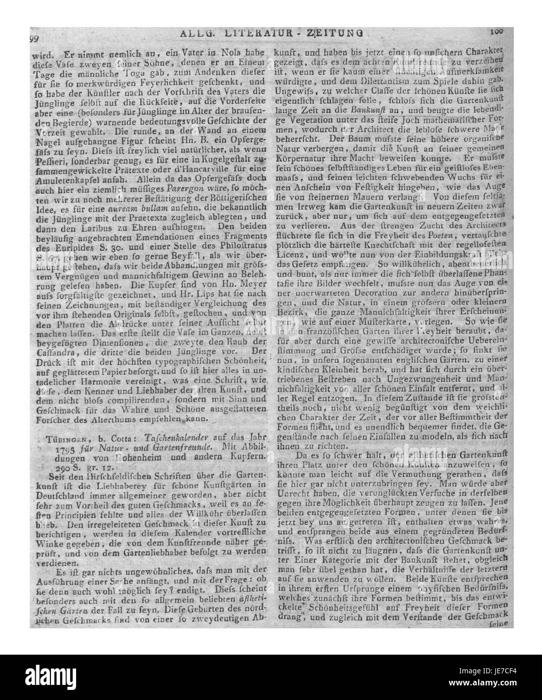 Allgemeine Literatur-Zeitung, a German literary journal from 1794, features critical reviews, essays, and discussions on contemporary literature and ideas. This edition discusses notable authors and philosophical trends of the time. Stock Photo