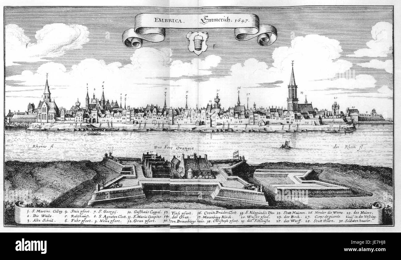 'De Merian Westphaliae' is a historical document focusing on the geography, culture, and landmarks of Westphalia, an area in Germany known for its cultural significance and rich history. Stock Photo