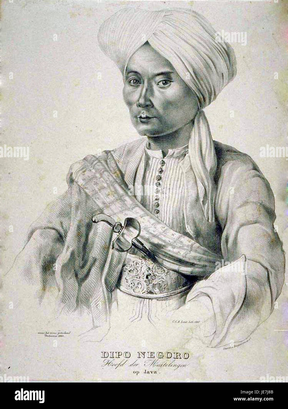 This historical artwork depicts the Indonesian national hero Prince Diponegoro, who led the Java War against the Dutch colonial forces in the early 19th century. Stock Photo