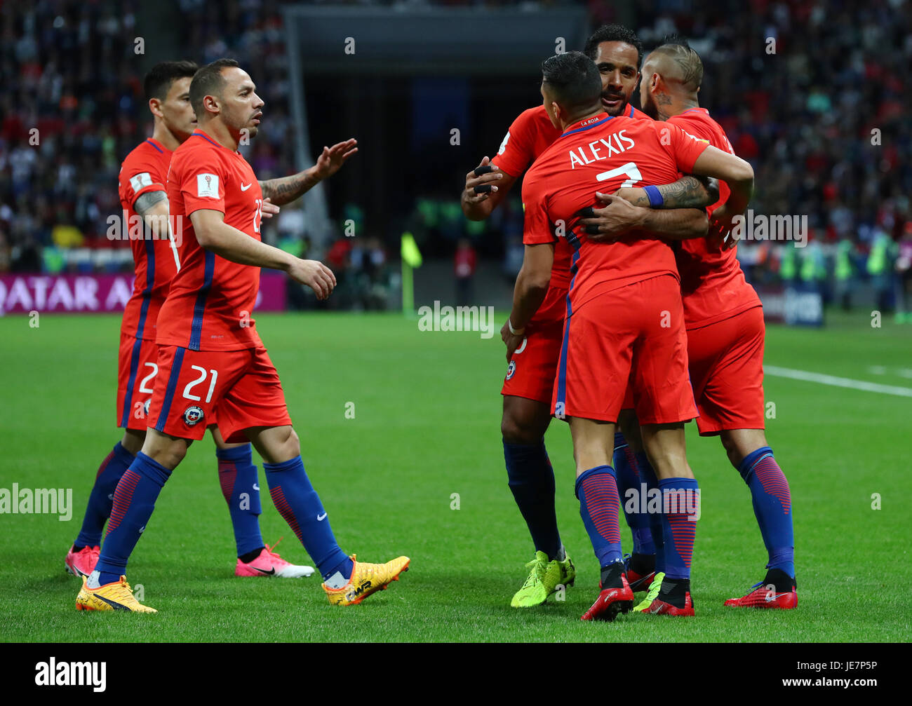 Kazan, Russia. 22nd June, 2017. Chile's Alexis Sanchez (3rd from right) celebrates scoring the opening goal with his teammates during the Group B preliminary stage soccer match between Chile and Germany at the Confederations Cup in Kazan, Russia, 22 June 2017. Photo: Christian Charisius/dpa/Alamy Live News Stock Photo