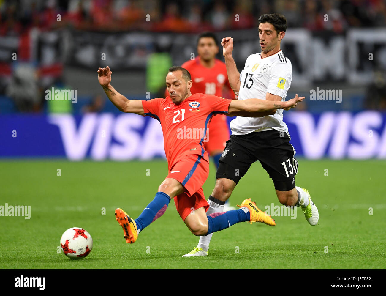 Kazan, Russia. 22nd June, 2017. Germany's Lars Stindl (R) and Marcelo Diaz from Chile vie for the ball during the Group B preliminary stage soccer match between Chile and Germany at the Confederations Cup in Kazan, Russia, 22 June 2017. Photo: Marius Becker/dpa/Alamy Live News Stock Photo