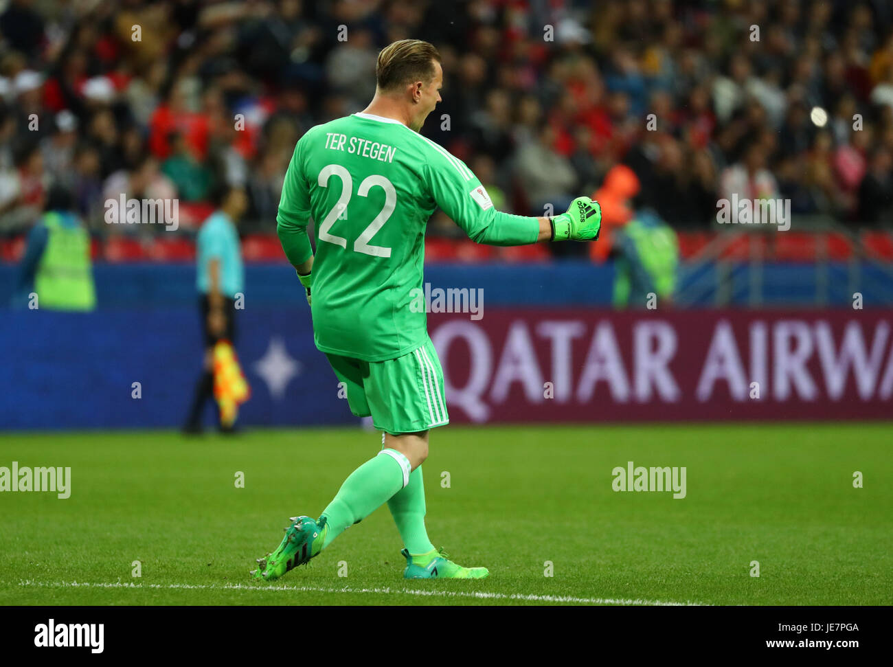 Kazan, Russia. 22nd June, 2017. German goalkeeper Marc-Andre ter Stegen celebrates the equalizer during the Group B preliminary stage soccer match between Chile and Germany at the Confederations Cup in Kazan, Russia, 22 June 2017. Photo: Christian Charisius/dpa/Alamy Live News Stock Photo