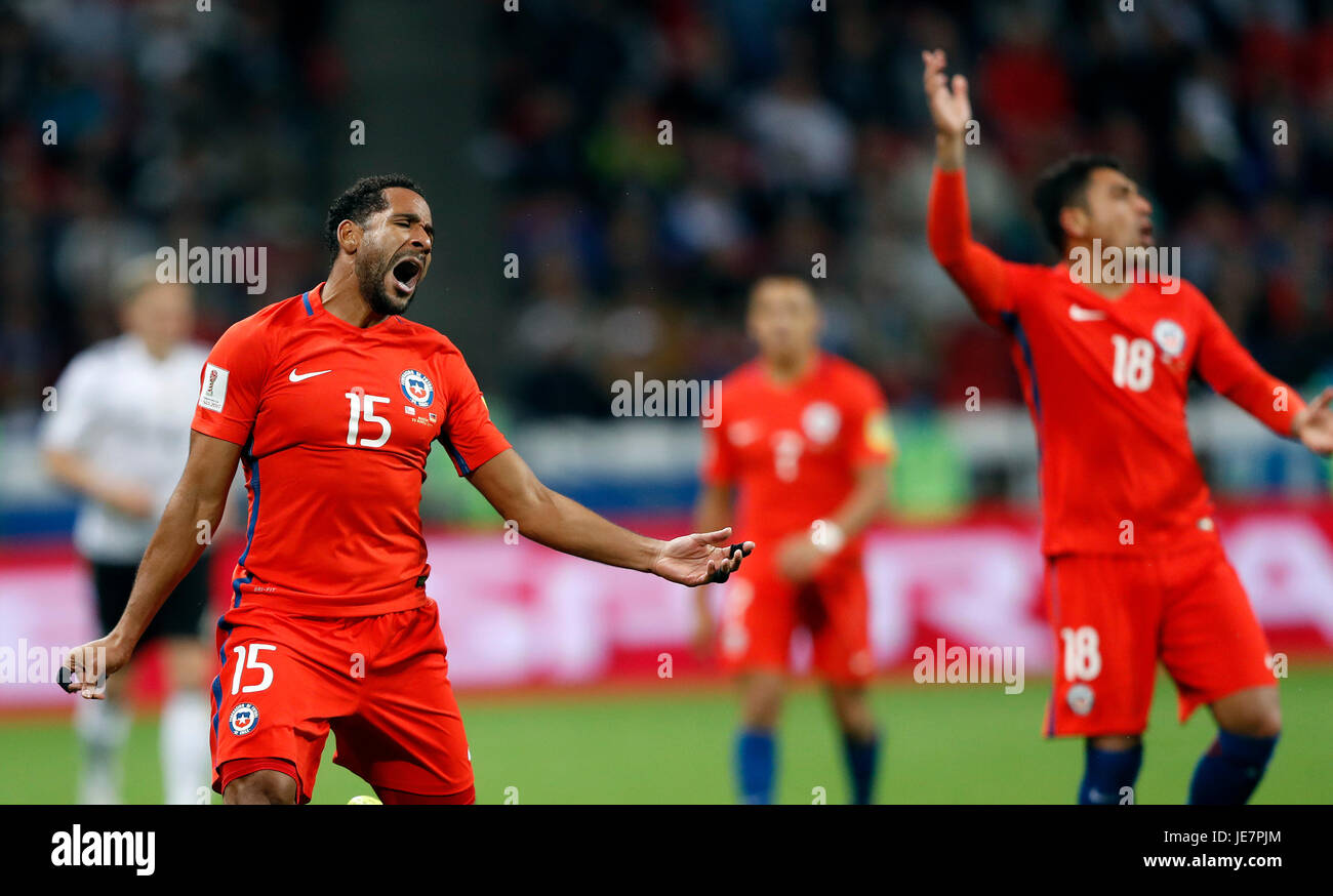 Kazan, Russia. 22nd Jun, 2017. Jean BEAUSEJOUR of Chile regrets a missed play during Germany-Chile match valid for the second round of the 2017 Confederations Cup on Thursday (22), held at the Kazan Arena in Kazan, Russia. Credit: Foto Arena LTDA/Alamy Live News Stock Photo