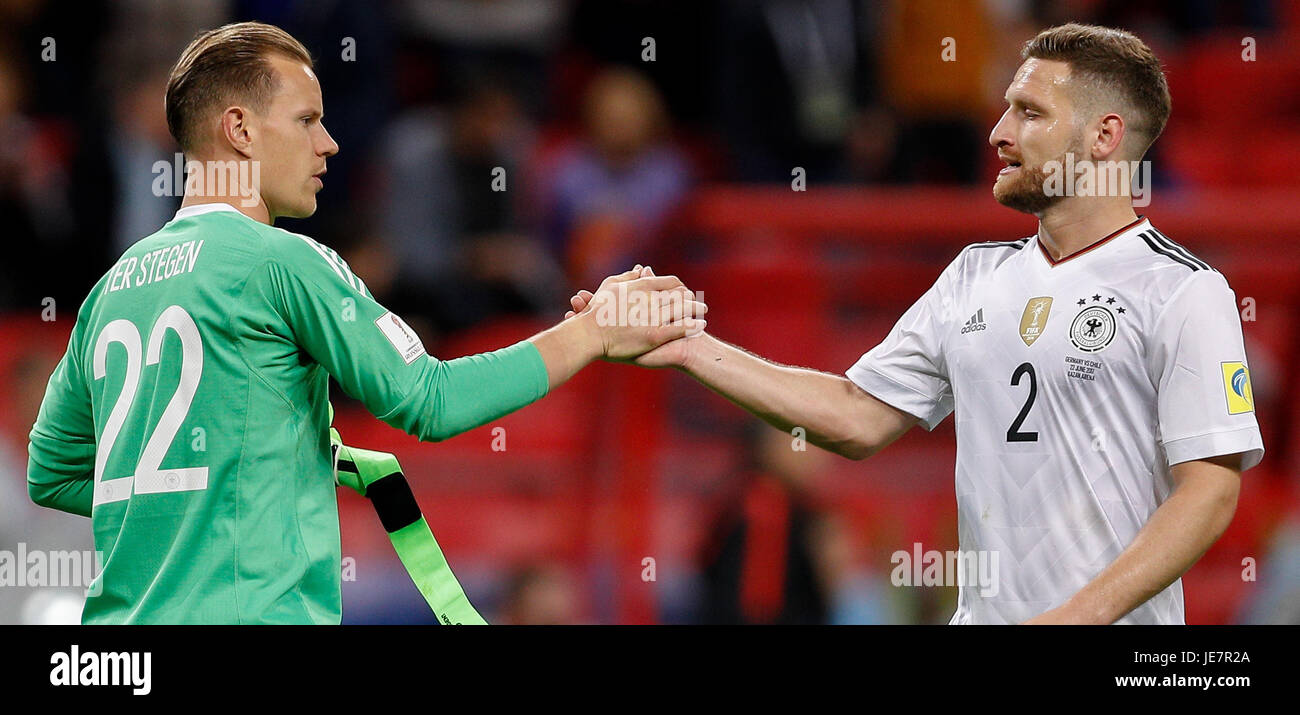 Kazan, Russia. 22nd Jun, 2017. TER STEGEN Marc-Andre from Germany and MUSTAFI Shkodran from Germany during a match between Germany and Chile valid for the second round of the 2017 Confederations Cup on Thursday (22) held at the Kazan Arena in Kazan, Russia. Credit: Foto Arena LTDA/Alamy Live News Stock Photo