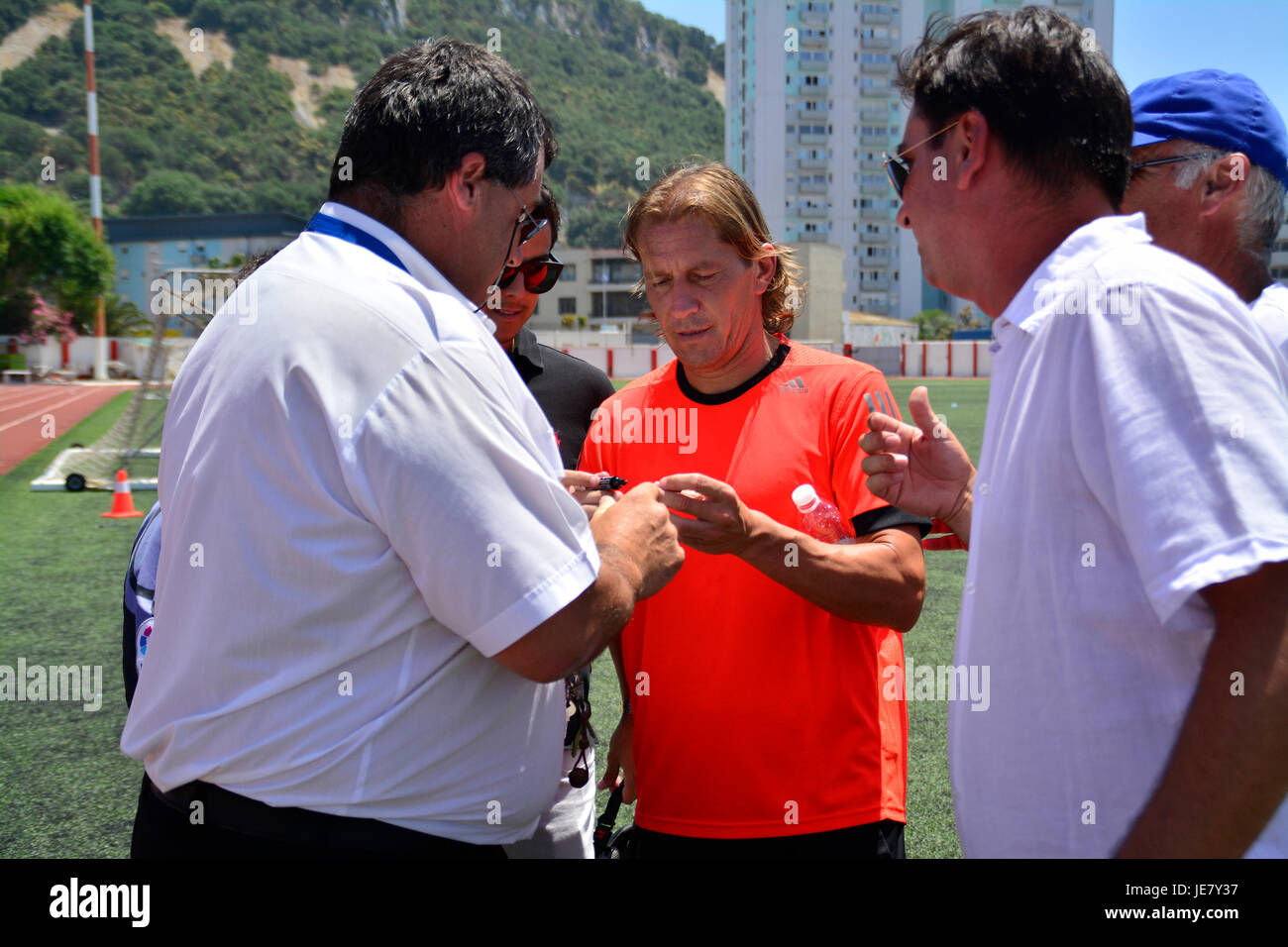 Gibraltar - 22nd June 2017 - Former Real Madrid and Spain international Michel Salgado took charge of the first Gibraltar United FC youth trials after taking over the club. The former international spend two hours in the scorching sun selecting from among the youth players before they were treated to a guest visit from World Cup winner, Brazilian Robero Carlos. Credit: Stephen Ignacio/Alamy Live News Stock Photo