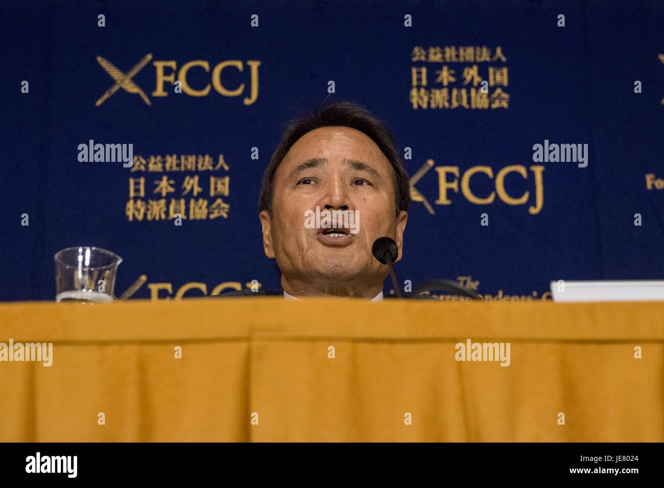 June 23, 2017 - Tokyo, Tokyo, Japan - Hiroji Yamashiro, Chairman Okinawa Peace Movement gives a response to questions during a press conference at The Foreign Correspondent Club Of Japan ( FCCJ ) in Tokyo. In March, Japanese police released Hiroji Yamashiro, a retired civil servant, after 152 days in detention. His initial arrest was for damaging a wire fence around an American military base; he was subsequently charged with other offenses. For years, Yamashiro (65) was the jovial ringleader of protests against the heavy US military footprint on Okinawa, Japan's southernmost prefecture. Yamash Stock Photo