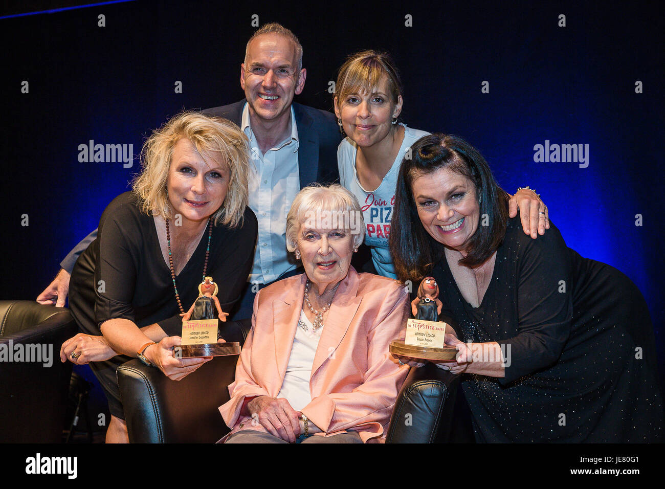 Bristol, UK. 22nd June, 2017. Dawn French and Jennifer Saunders Receive the Aardman Slapstick Festival Legends of Comedy Award from Previous recipient Dame June Whitfield pictured with the host for the evening MelGedroyc and Slapstick Festival Director Chris Daniels Credit: David Betteridge/Alamy Live News Stock Photo