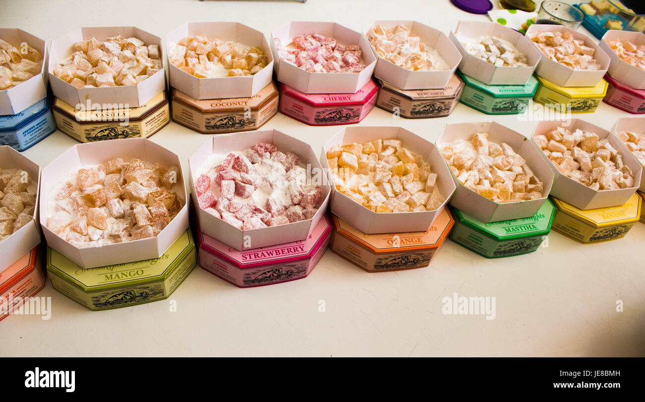 Colorful Turkish sweets factory. Turkish delight Stock Photo