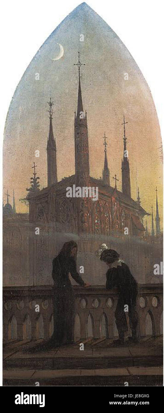 Carl Gustav Carus - Personen in altdeutscher Tracht in Betrachtung einer mittelalterlichen Stadt Stock Photo