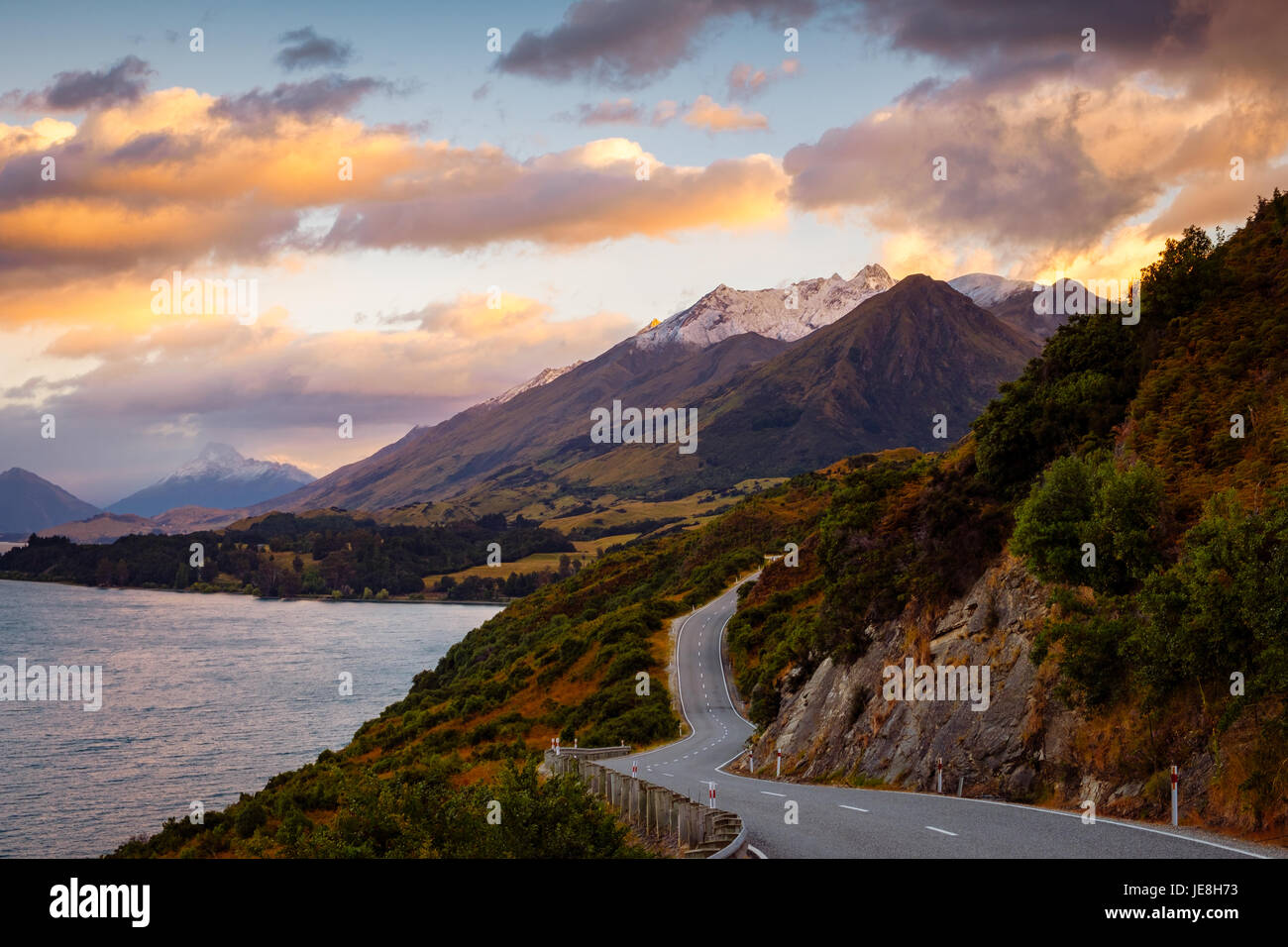 Scenic view of mountain landscape and the road, Bennetts bluff, on the way to Glenorchy, New Zealand Stock Photo