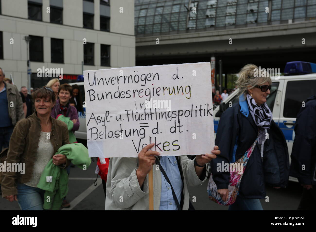 Berlin, Germany, May 9th, 2015: Pegida protest at Main Train Station. Stock Photo
