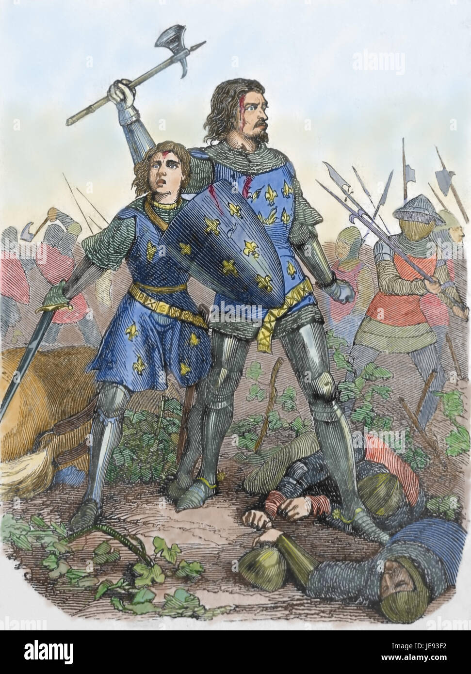 John II of France (1319-1364) 14th. Century and his son Philip II, Duke of Burguyndy captured in the Battle of Poitiers (1356). Later colouration. Stock Photo