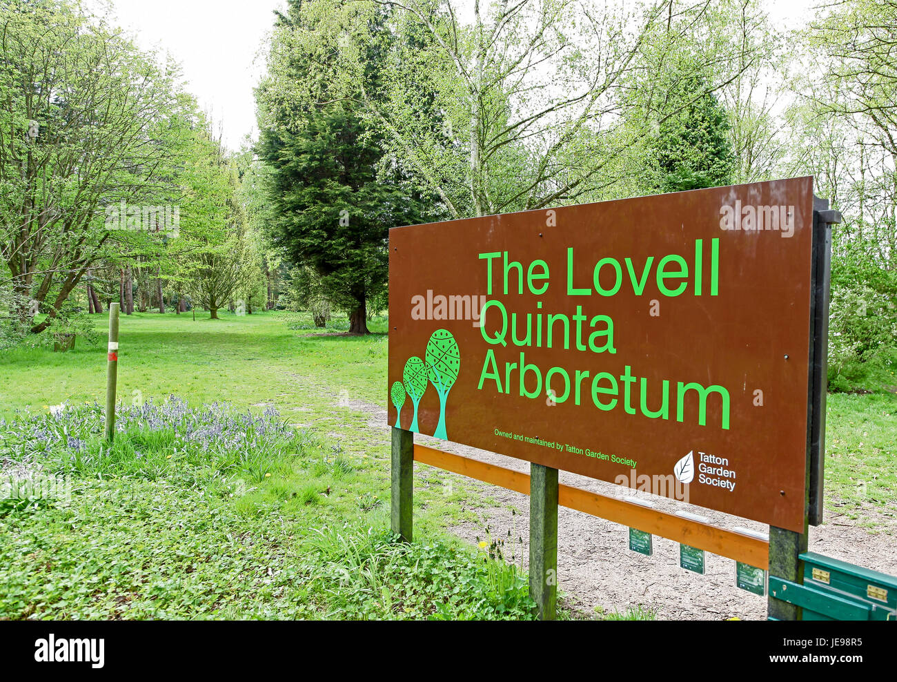 Signs for the Quinta Arboretum and nature reserve Swettenham Cheshire England UK Stock Photo