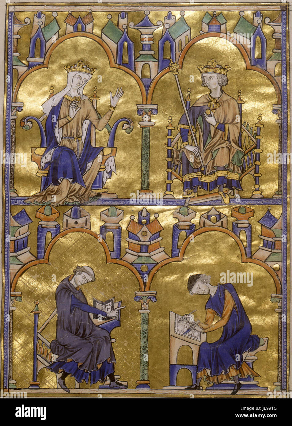 Blanche of Castile and King Louis IX of France; Author Dictating to a Scribe - Stock Photo