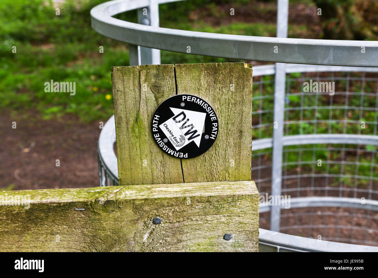 Dane Valley Way long distance footpath way-marker on a wooden post Cheshire England UK Stock Photo
