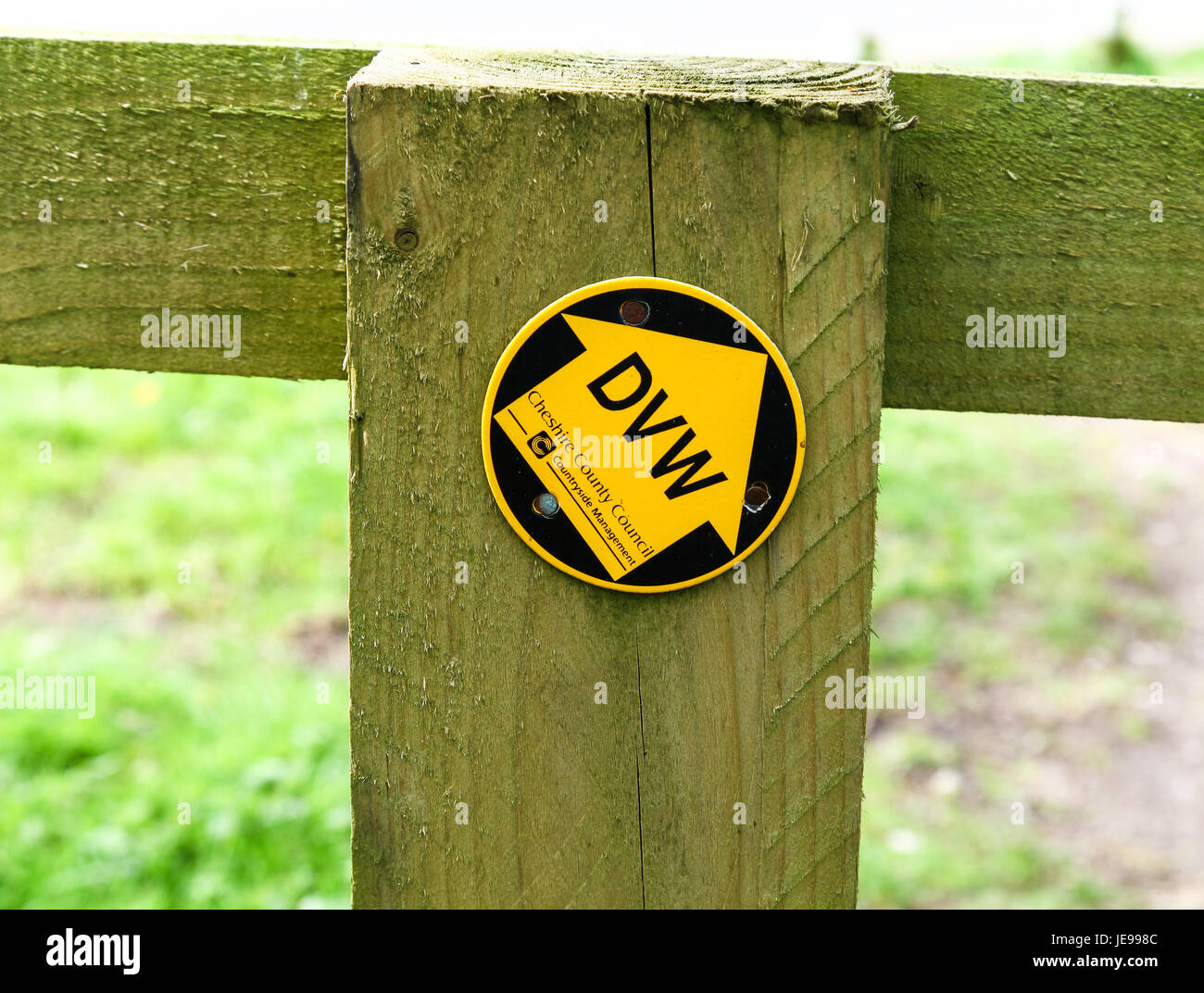 Dane Valley Way long distance footpath way-marker on a wooden post Cheshire England UK Stock Photo