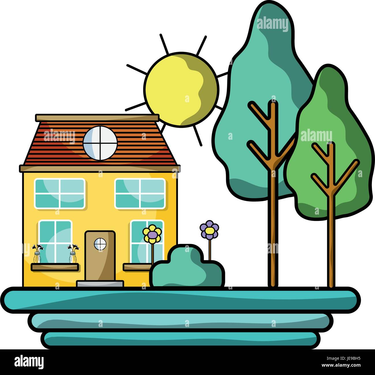 house with trees and plant with flowers and sun Stock Vector Image ...