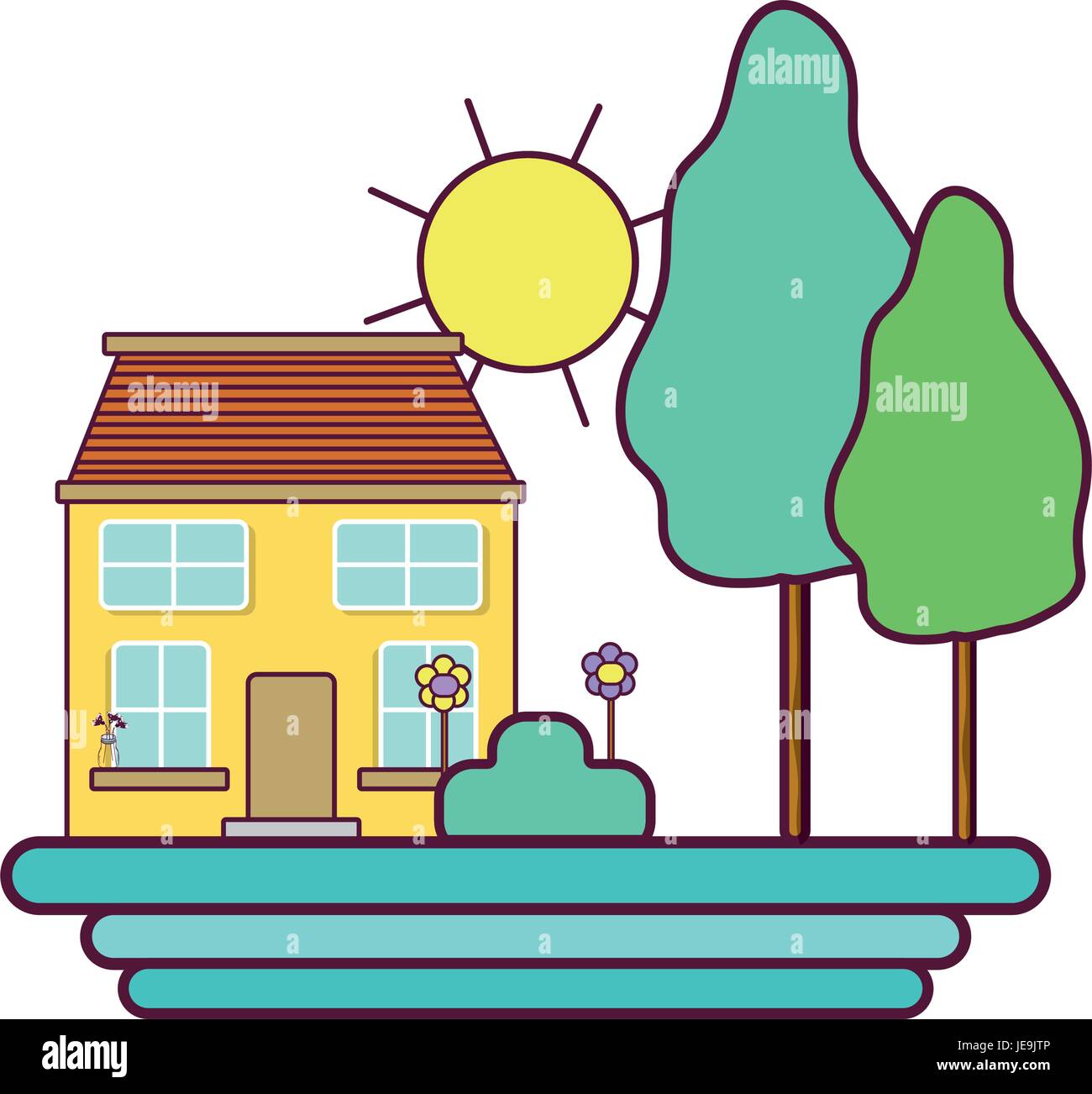 house with trees and plant with flowers and sun Stock Vector Image ...