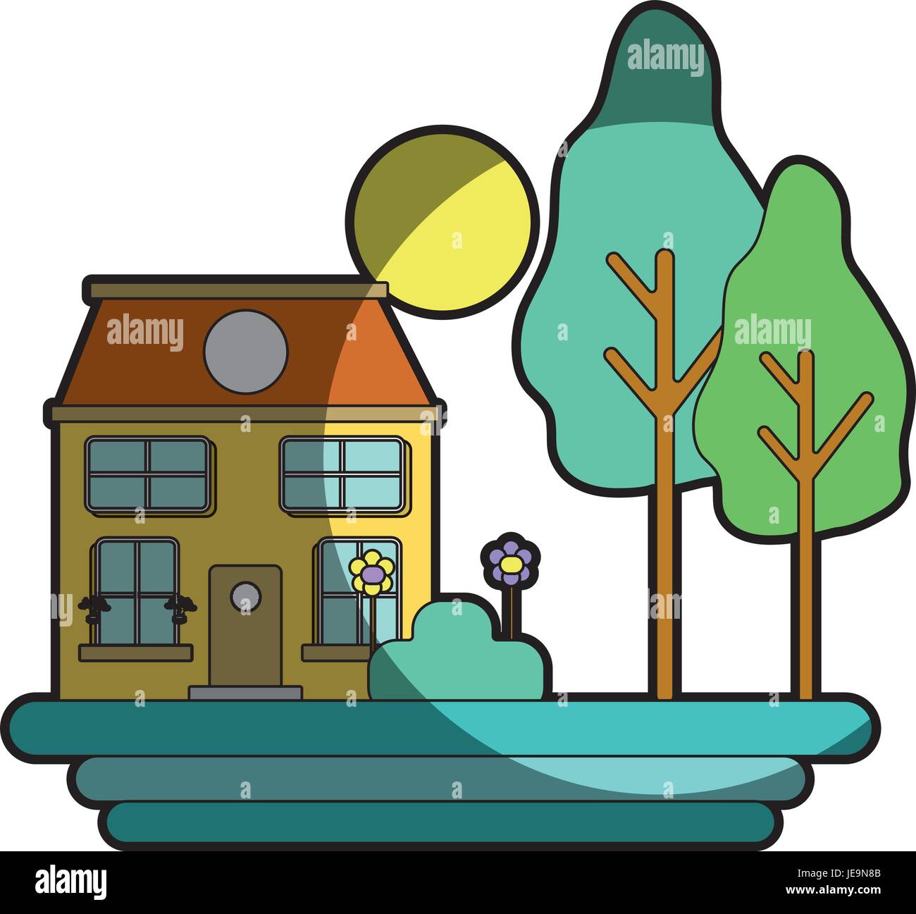 house with trees and plant with flowers and sun Stock Vector Image ...