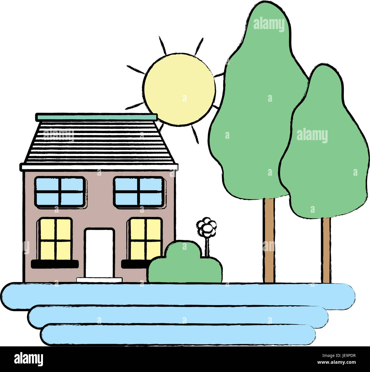 house with trees and plant with flowers and sun Stock Vector Image ...