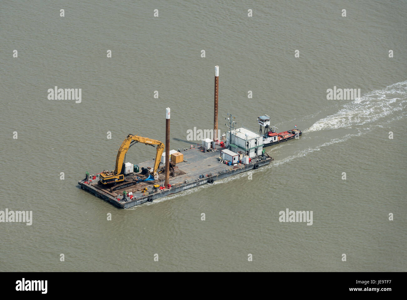 Aerial image of ship vessel for foundation works of Herbosch-Kiere on the Scheldt river Stock Photo