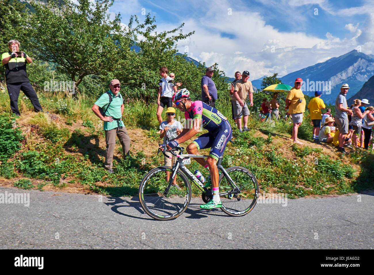 MONTVERNIER, FRANCE - JULY 23, 2015: Ruben Plaza Molina, from team Lampre, struggling on the mountain roads on his way up Montvernier in the Tour de f Stock Photo
