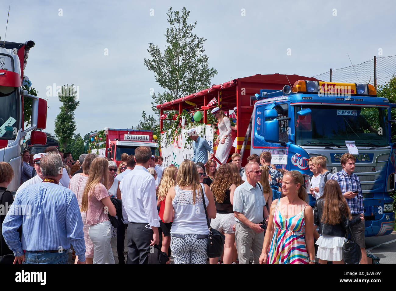 BIRKEROED, DENMARK - JUNE 23, 2016: Traditional day in Denmark when all the high school graduates gets their diplomas and then go by trucks to visit e Stock Photo