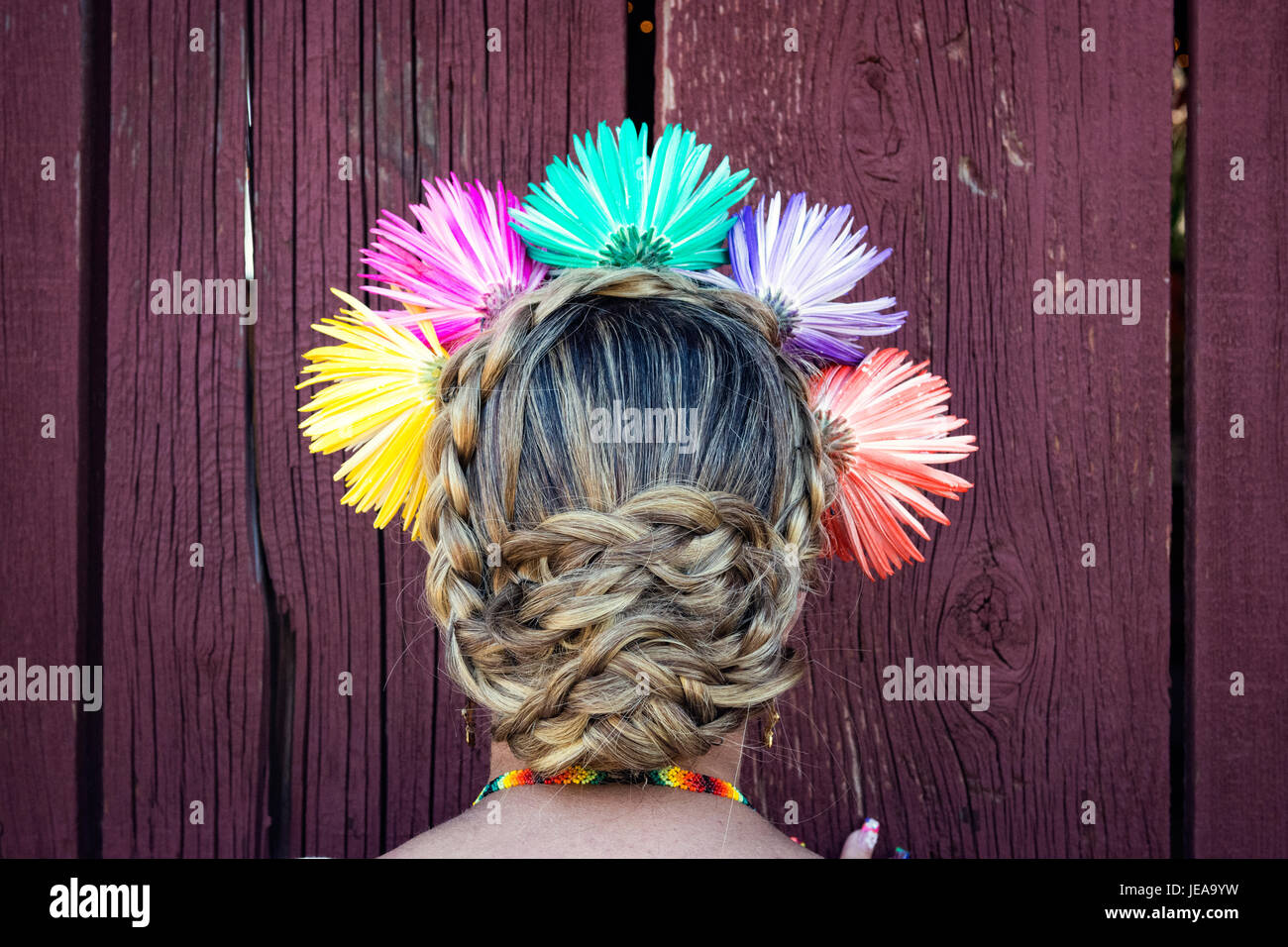 basket weave wedding hair with chrysanthemum flowers Stock Photo