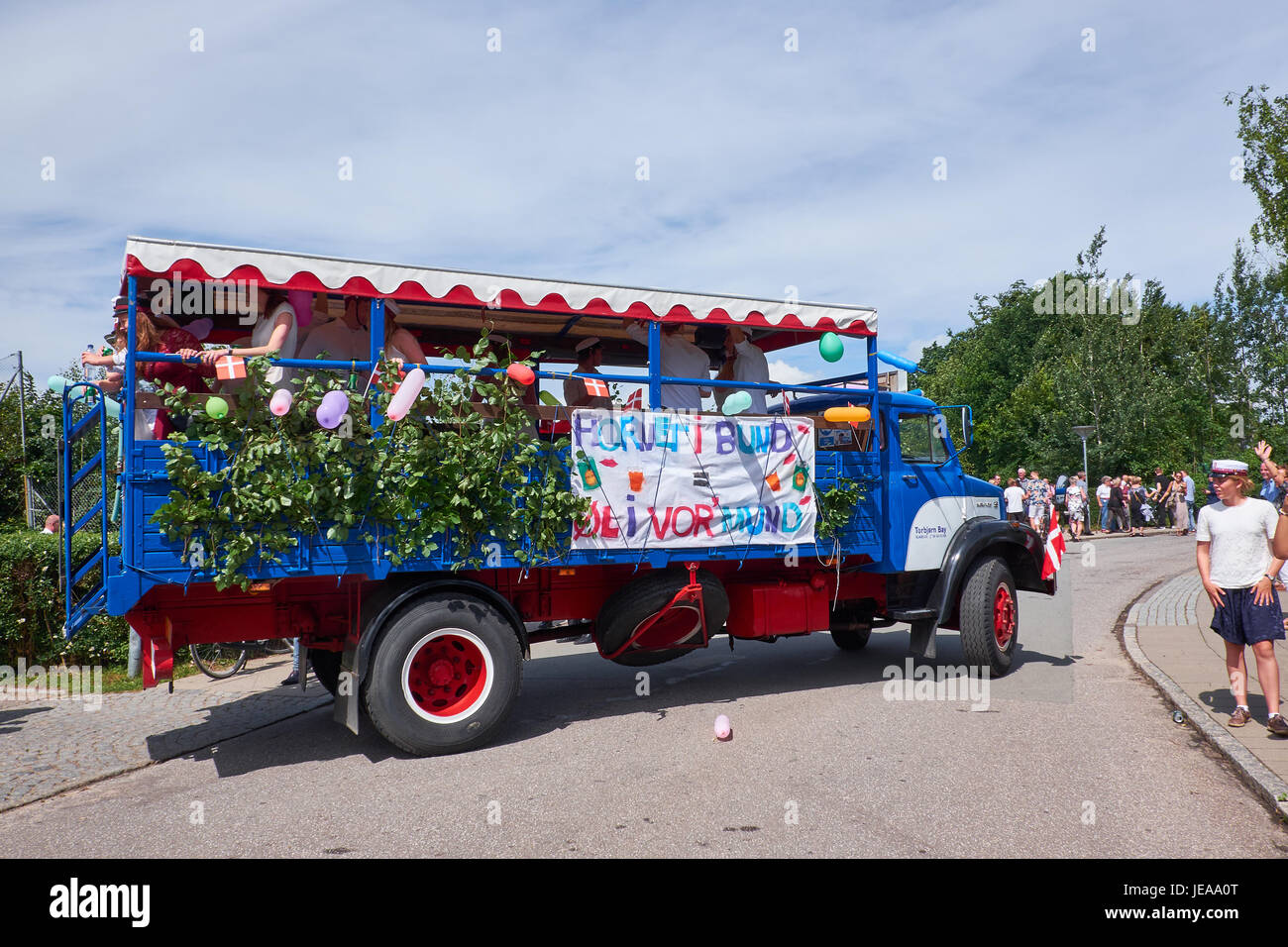 BIRKEROED, DENMARK - JUNE 23, 2016: Traditional day in Denmark when all the high school graduates gets their diplomas and then go by trucks to visit e Stock Photo