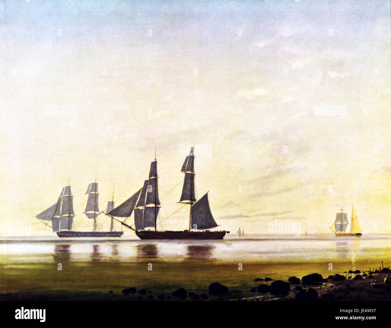 Anton Melbye - En fregat og en brig under kysten - 1844 Stock Photo