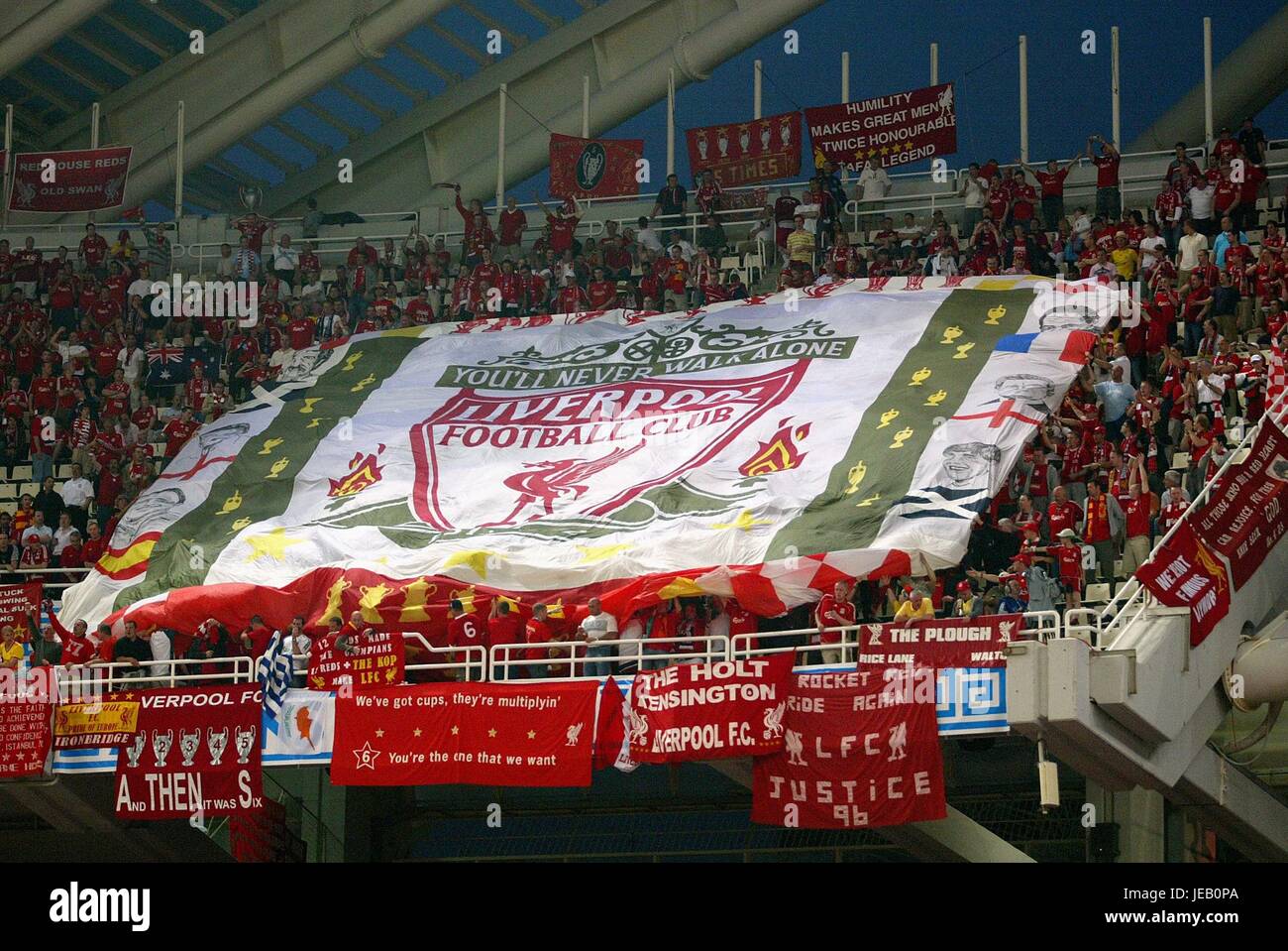 Liverpool Fans With Big Flag Ac Milan V Liverpool Olympic Stadium Stock Photo Alamy