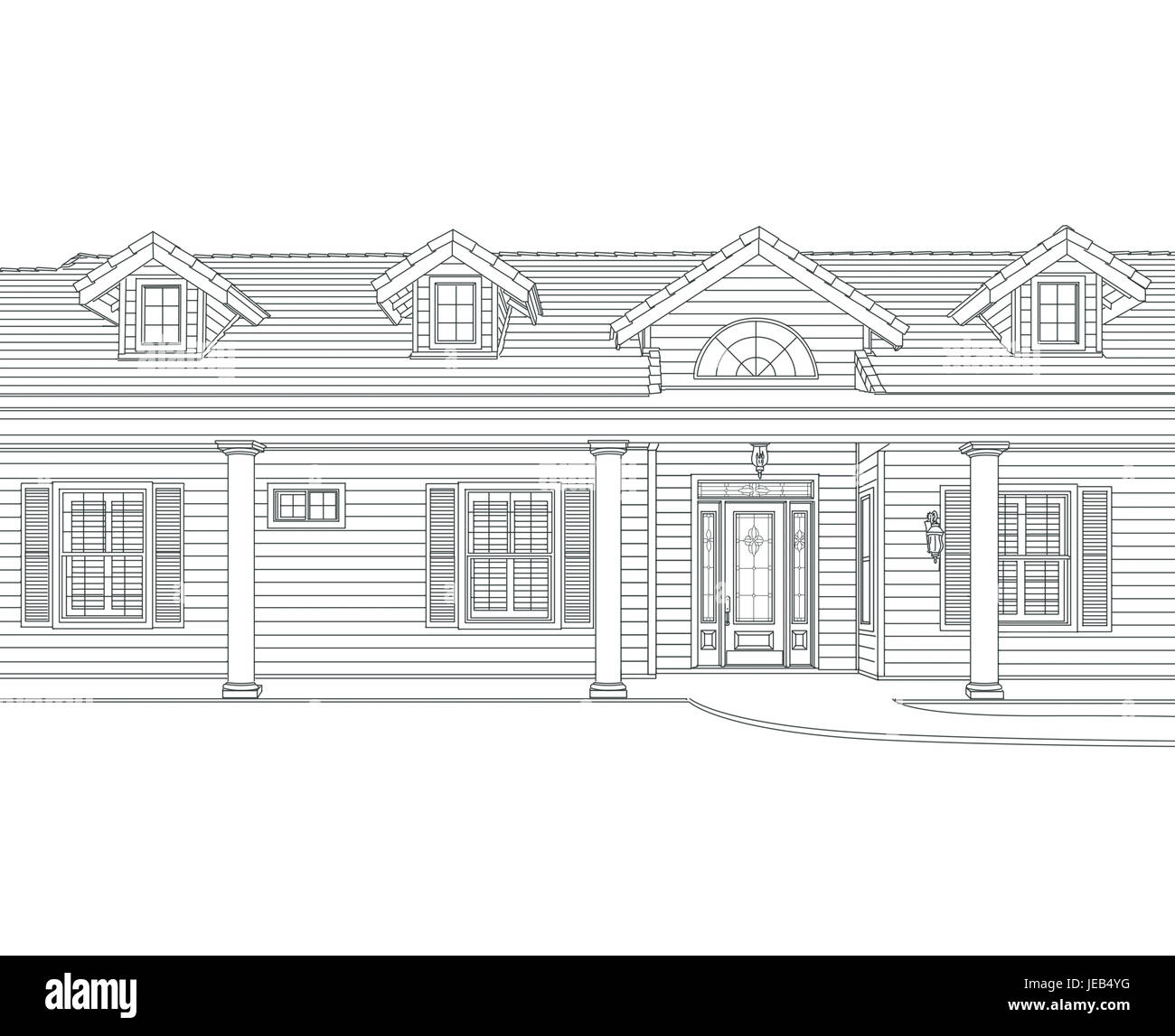 Custom Black Pencil House Drawing on White Background. Stock Photo